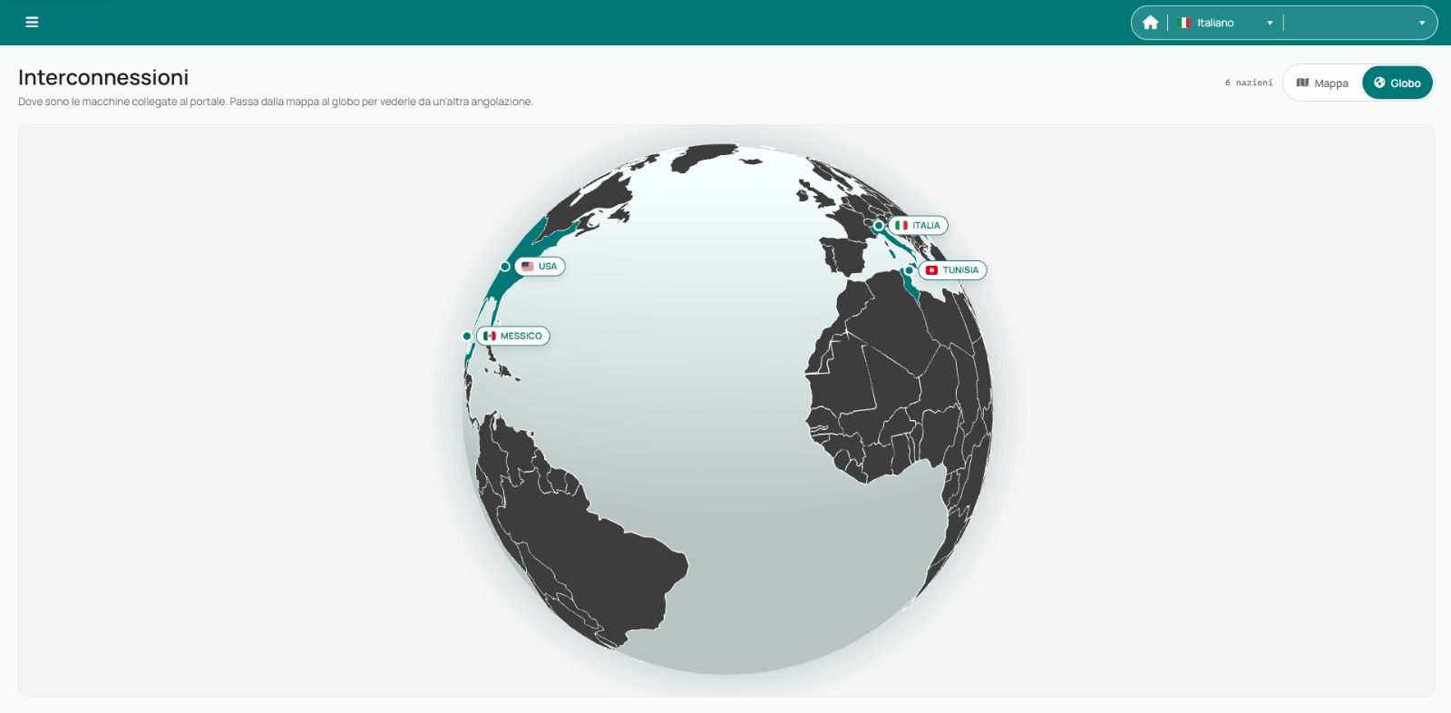 Globo con distribuzione geografica delle interconnessioni, senza riferimenti a clienti o stabilimenti.
