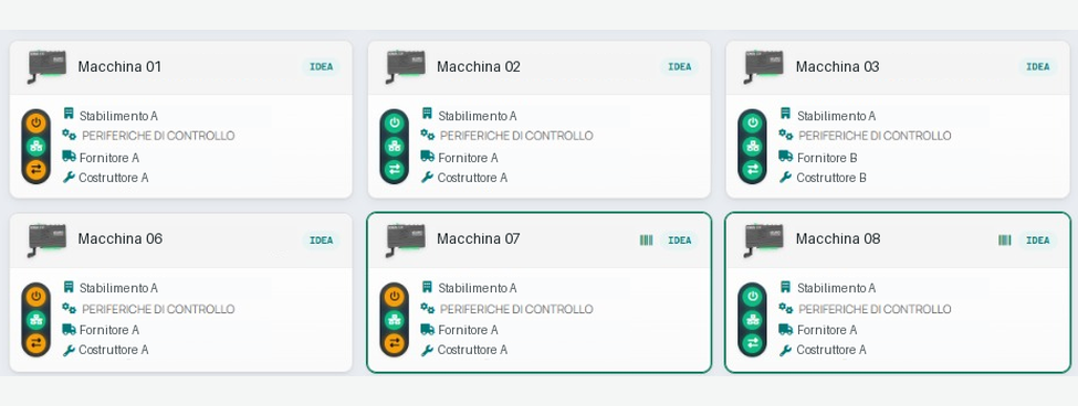 Dashboard with generic machine names, categories and indicators of installation, connection and data transmission.